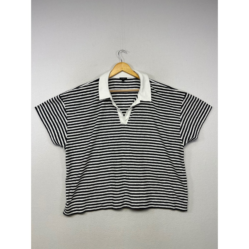 Nautical Preppy Talbots Plus Womens 3X Black White Striped Terry Polo Shirt